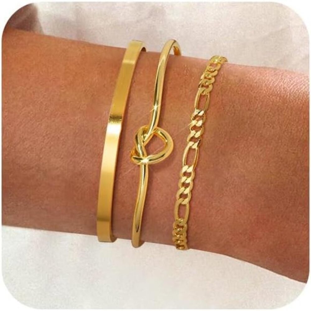 Women's 14K Plated Gold Bracelet Stack Gold Cuff Bracelet Set